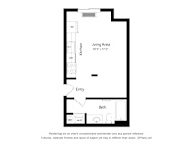 A floor plan of a small apartment with a living area, kitchen, entry, and bath.