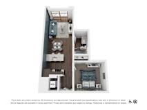 A floor plan of a small apartment with a living room, kitchen, and bedroom.