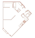 A red outline drawing of a house plan.
