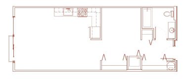A floor plan of a house with a kitchen, living room, and two bedrooms.