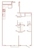 A red line drawing of a floor plan of a room.