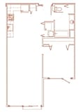A red line drawing of a floor plan of a room.
