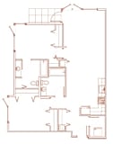 A red line drawing of a floor plan of a house.