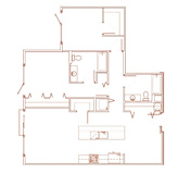 A red outline drawing of a house with a kitchen, living room, and bathroom.
