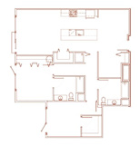 A red outline drawing of a house with multiple rooms.