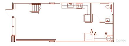 A floor plan of a house with a kitchen, living room, and bathroom.