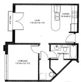 A black and white image of a floor plan for a house with a kitchen, living room, and bathroom.