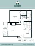 One bedroom one bathroom floorplan with balcony at Edgewater Apartments, Boise, Idaho