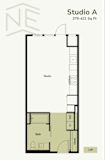A floor plan for Studio A at 375-421 Sq Ft shows a bathroom and a loft.