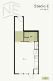 A floor plan for Studio E shows a bathroom and a kitchen area.
