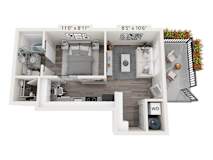 A floor plan of a small apartment with a bedroom, living room, and bathroom.