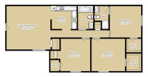 A floor plan of a house with a living/dining room, kitchen, two bathrooms, two bedrooms, a master bedroom, and a mech.