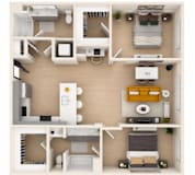A top-down view of a small apartment layout with a bedroom, living room, kitchen, and bathroom.