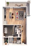 A 3D floor plan of a small apartment with a living room, kitchen, and bathroom.