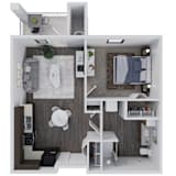 A 3D rendered image of a modern bedroom with a bed, nightstand, and shelves.