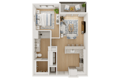 A top-down view of a small, neatly organized apartment with a kitchen, living room, and bathroom.