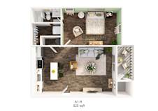A1-R 525 sqft floor plan with a living room, kitchen, and bathroom.
