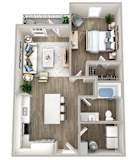 A 3D floor plan of a small apartment with a living room, kitchen, and bedroom.