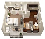 3d view of the living room and dining room of a 1 bedroom apartment
