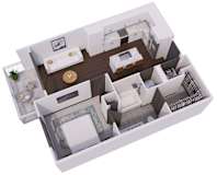 A 3D floor plan of a small apartment with a kitchen, living room, and bathroom.