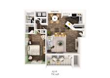 A 3D floor plan of an apartment with a living room, kitchen, dining area, and bedrooms.