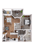 A detailed 3D floor plan of a small apartment with a kitchen, living room, and bedroom.