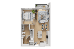 A 3D rendered image of a small apartment layout.