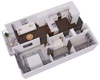A 3D floor plan of a small apartment with a living room, kitchen, and bathroom.