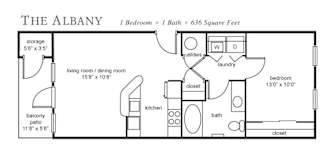 A floor plan of a one bedroom apartment in The Albany with a bath and a total area of 636 square feet.