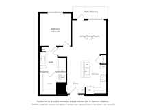 A floor plan of a room with a bedroom, bathroom, kitchen and living/dining room.