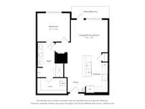 A floor plan of a small apartment with a bedroom, living/dining room, kitchen, bath, and closet.
