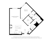 A floor plan of a small apartment with a living room, dining room, kitchen, and bathroom.