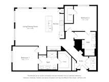 A floor plan of a small apartment with a living room, two bedrooms, a kitchen, a bathroom, and a built-in desk.