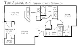 A floor plan of a one bedroom apartment with a total area of 743 square feet.