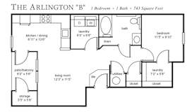 A floor plan of a one bedroom apartment named The Arlington "B".