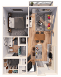 A series of images showing different views of a small apartment layout.