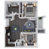 A 3D floor plan of a small apartment with a bedroom, living room, and kitchen.