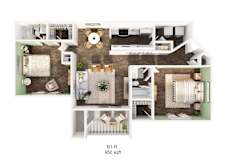 A floor plan of an apartment with a living room, kitchen, and two bedrooms.