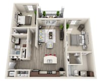 A 3D floor plan of a small apartment with a kitchen, living room, and bedroom.