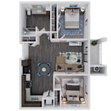 A 3D floor plan of a small apartment with a living room, kitchen, and bedroom.