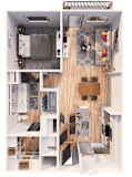 A top-down view of a small apartment with a living room, kitchen, and bedroom.