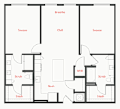 A floor plan of a house with labeled rooms such as "Breathe", "Chill", "Scrub", "Nosh", and "Stash".
