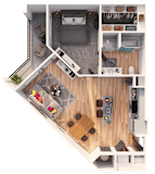 A top-down view of a small apartment with a kitchen, living room, and bedroom.