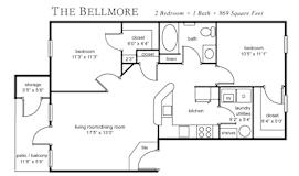 A floor plan of a two bedroom apartment with a bath, totaling 869 square feet.
