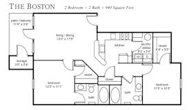 A floor plan for a two bedroom, two bath apartment with a total area of 940 square feet.