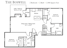 A black and white image of a floor plan for a two bedroom, two bath apartment.