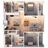 A 3D floor plan of a house with multiple rooms and furniture.