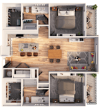 A top-down view of a house layout with a living room, kitchen, and bedrooms.