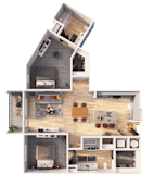 A detailed 3D floor plan of a two-story house with labeled rooms.