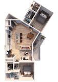 A 3D floor plan of a house showing a living room, kitchen, and two bedrooms.